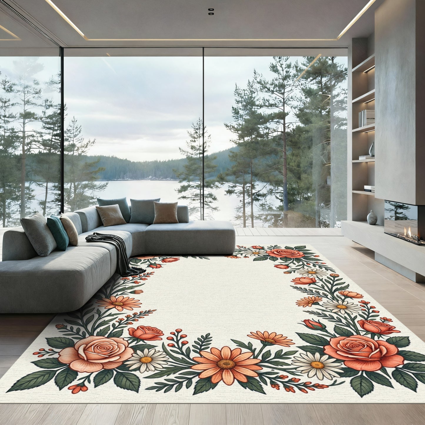 Coral Rose Daisy Vine Border Rug