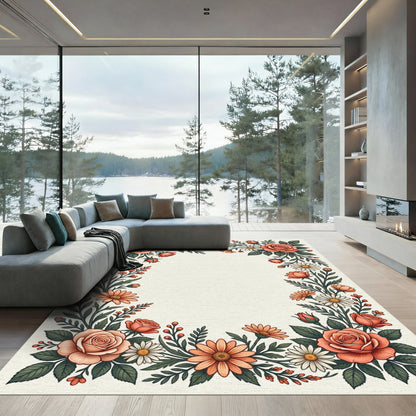 Coral Rose Daisy Vine Border Rug