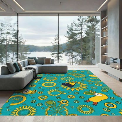 Whimsical Teal Yellow Bird Sun Rug