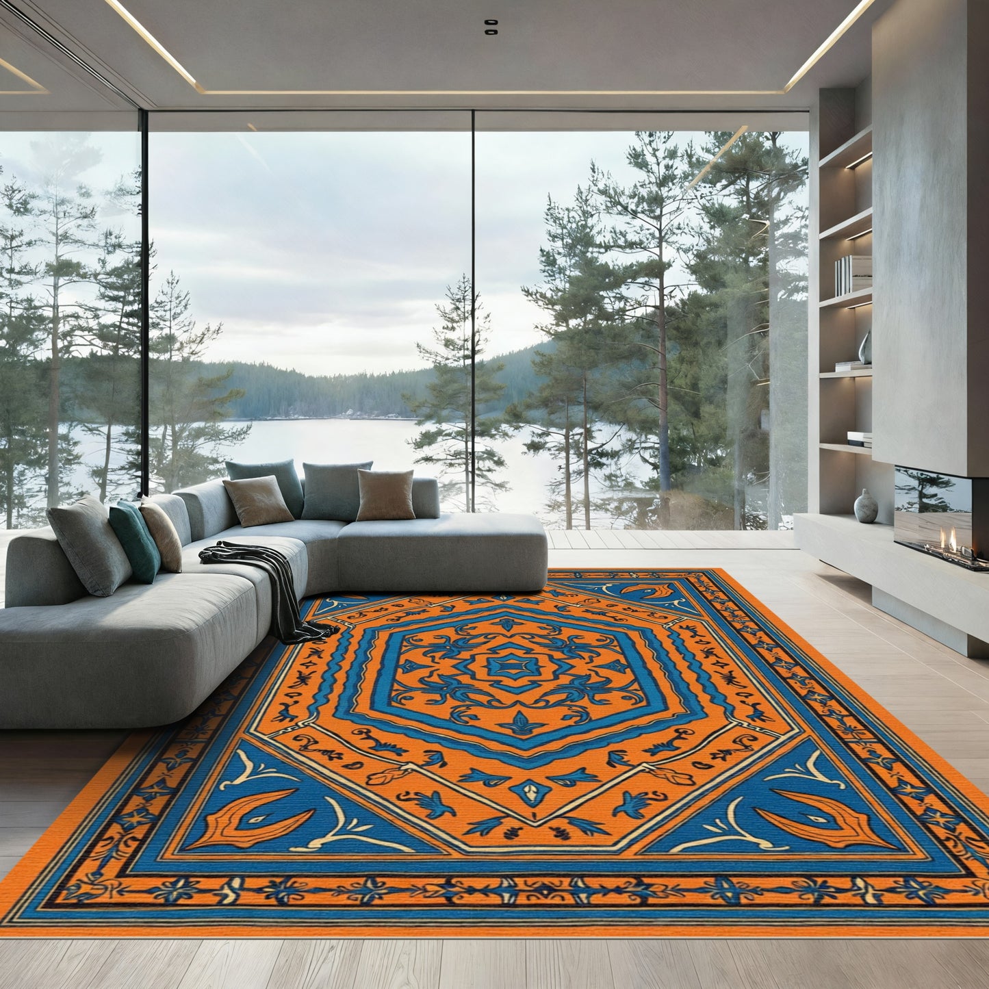 Orange Blue Medallion Geometric Rug