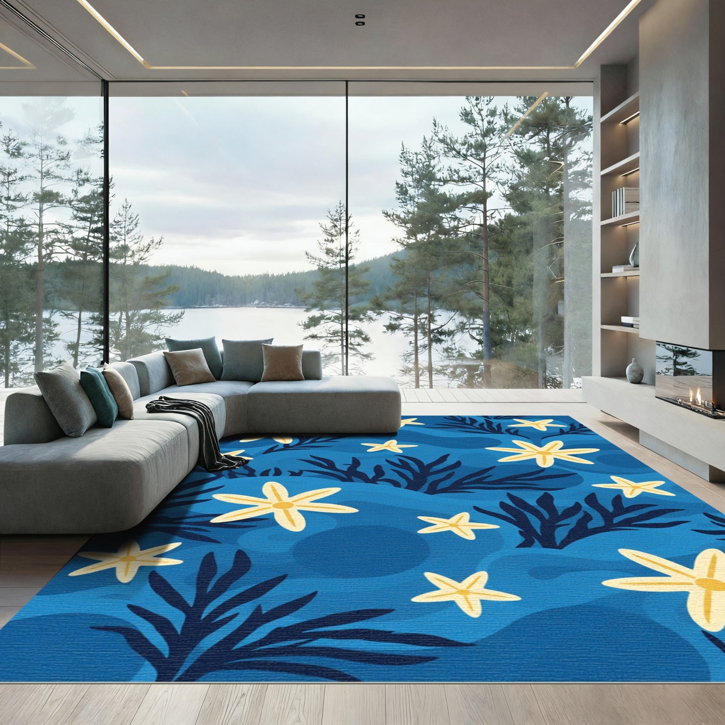 Yellow Starfish Deep Blue Ocean Waves Rug