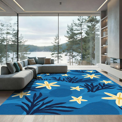 Yellow Starfish Deep Blue Ocean Waves Rug