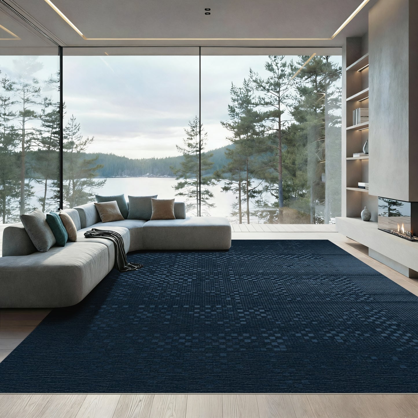 Deep Blue Pixelated Abstract Rug