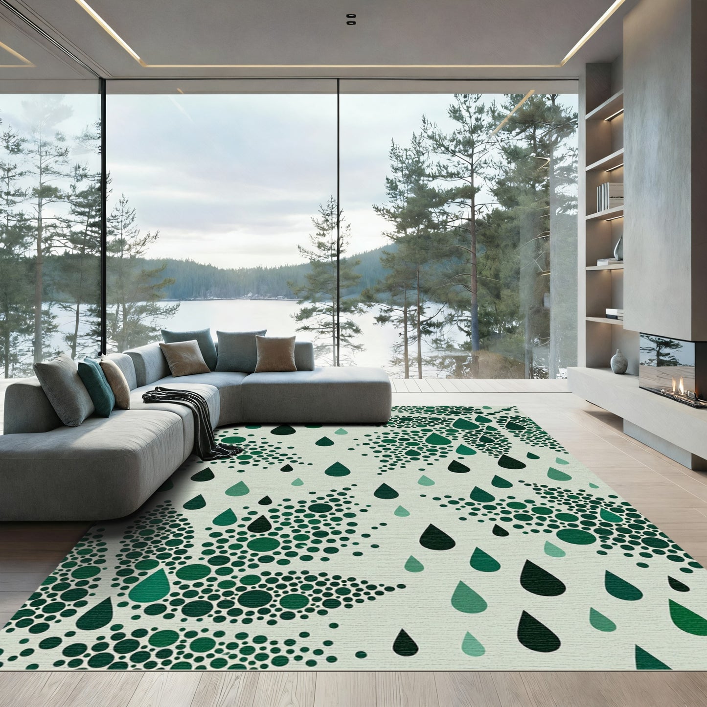Deep Green Droplets Scattered Composition Rug