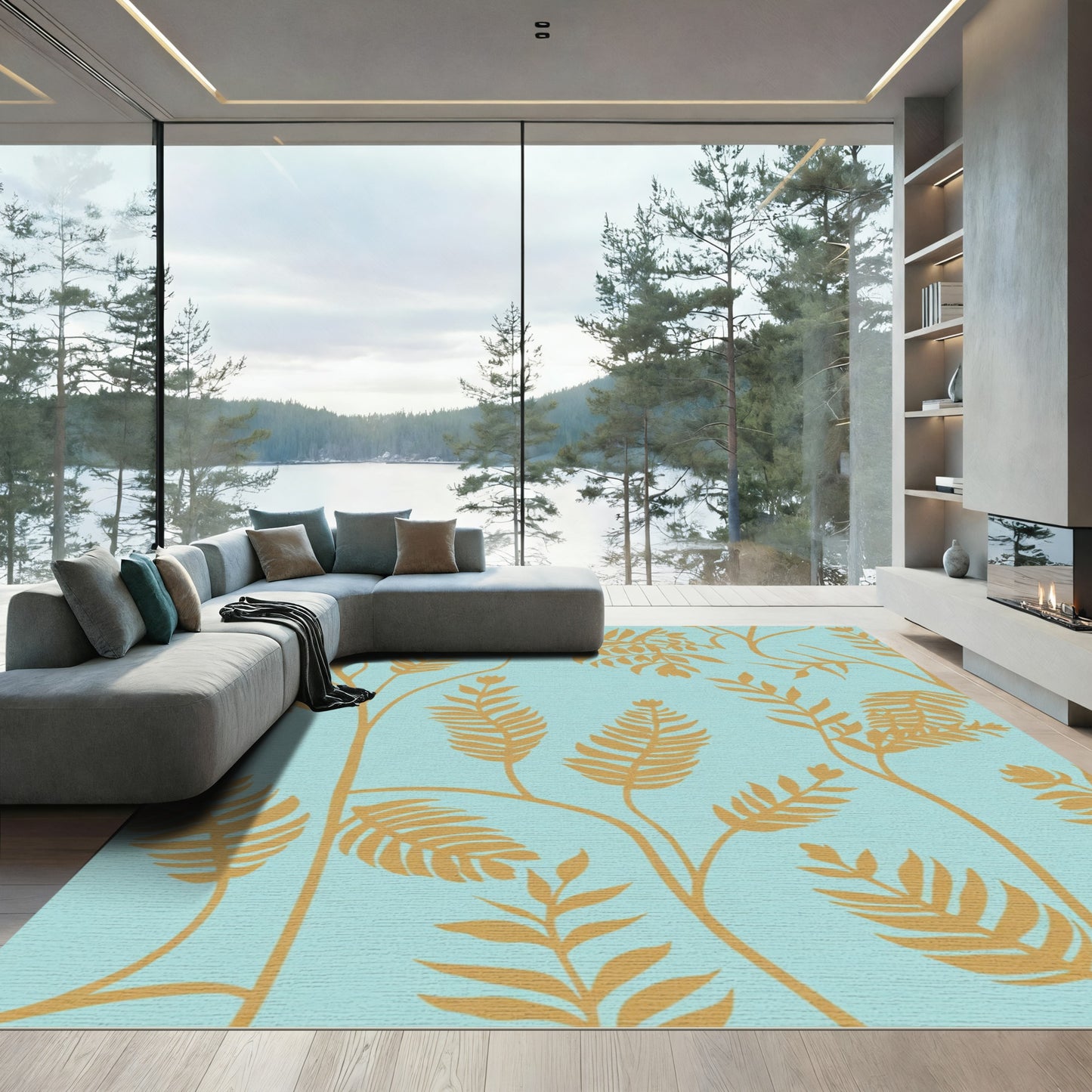 Golden Foliage Teal Background Rug