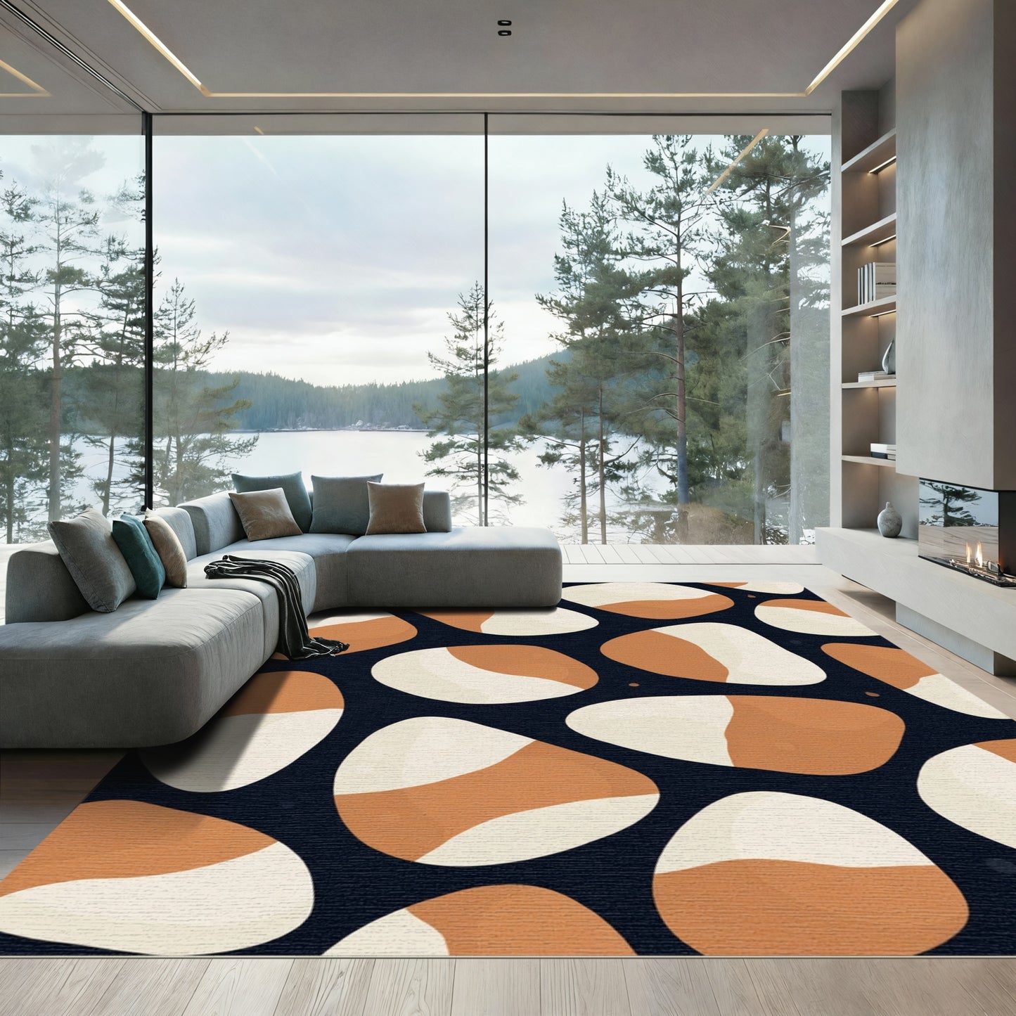 Modern Cream and Tan Abstract Stones Rug