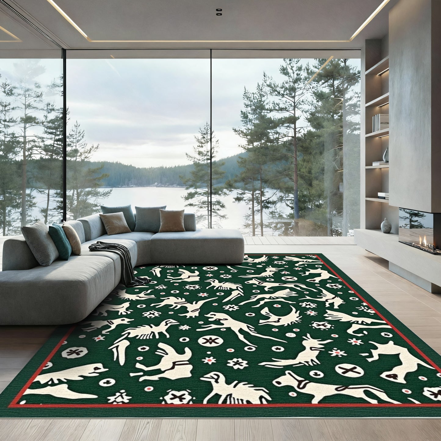 Whimsical Cream Animals Forest Green Field Rug