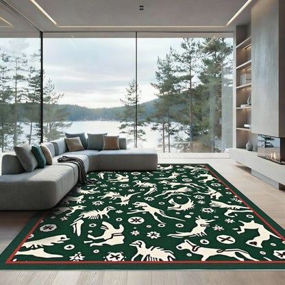 Whimsical Cream Animals Forest Green Field Rug