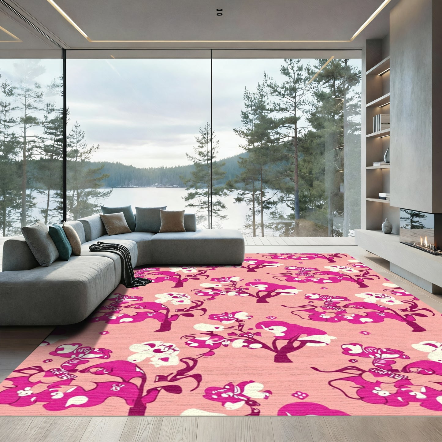 Vivid Pink Floral Tree Meadow Rug