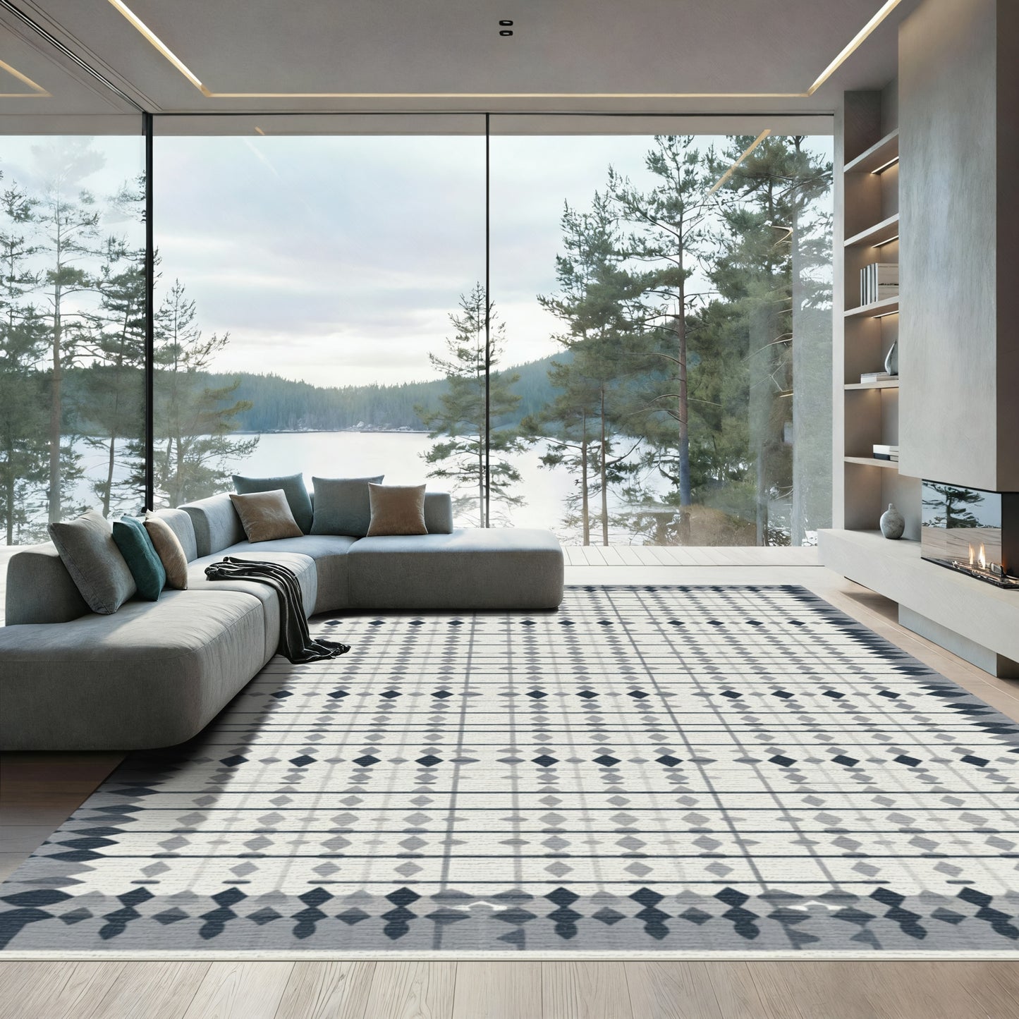 Grey Diamond Lattice Geometric Rug