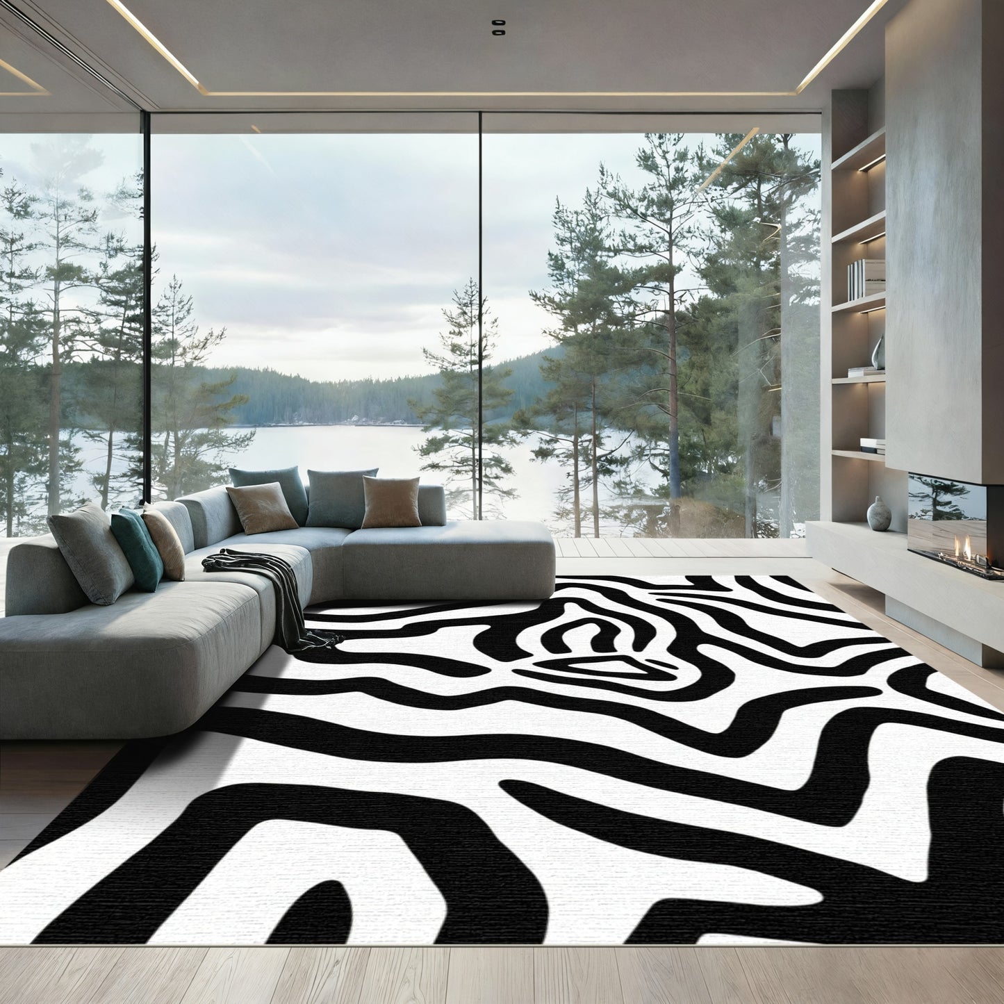 Chic Black White Wavy Stripes Rug