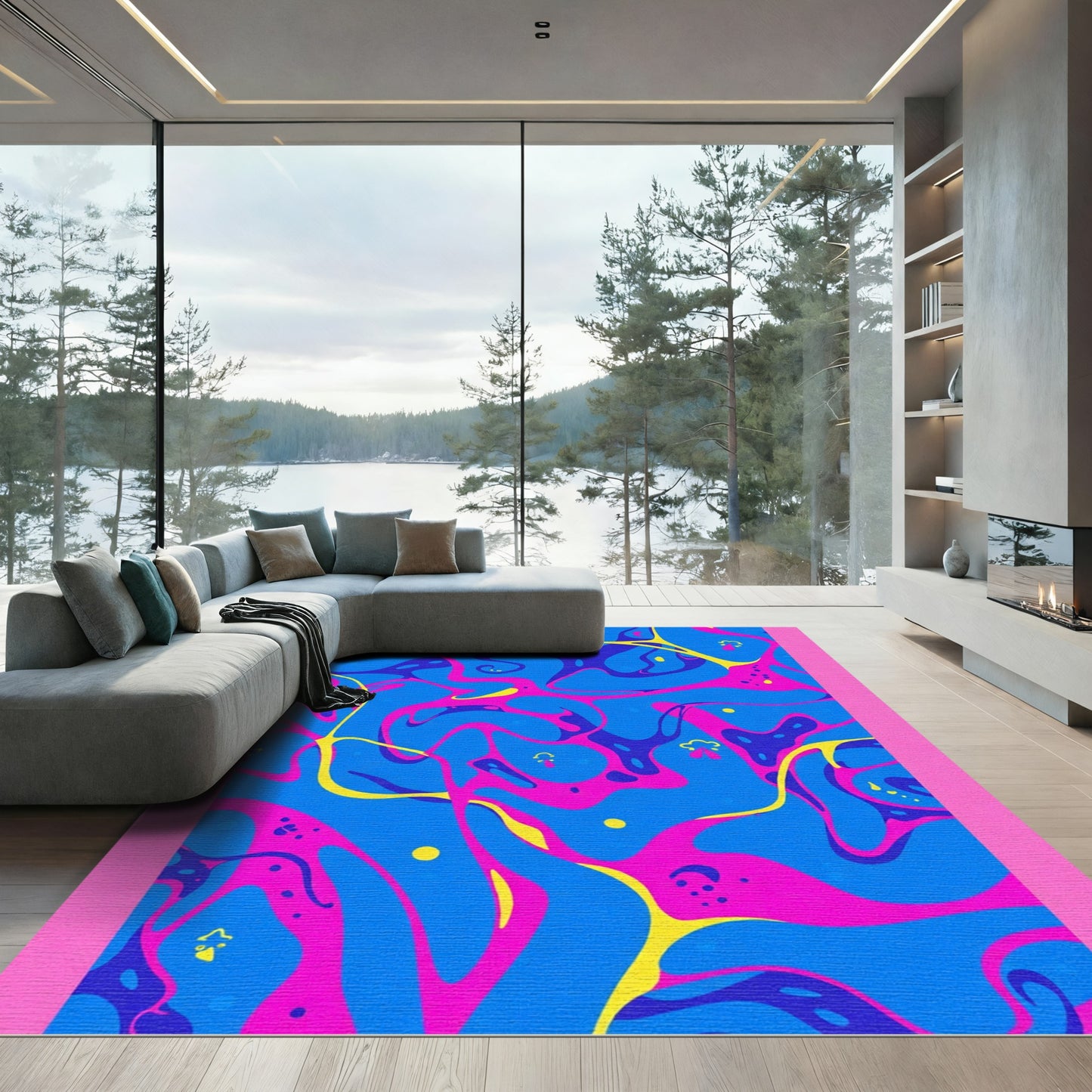 Vibrant Blue Pink Swirling Abstract Rug