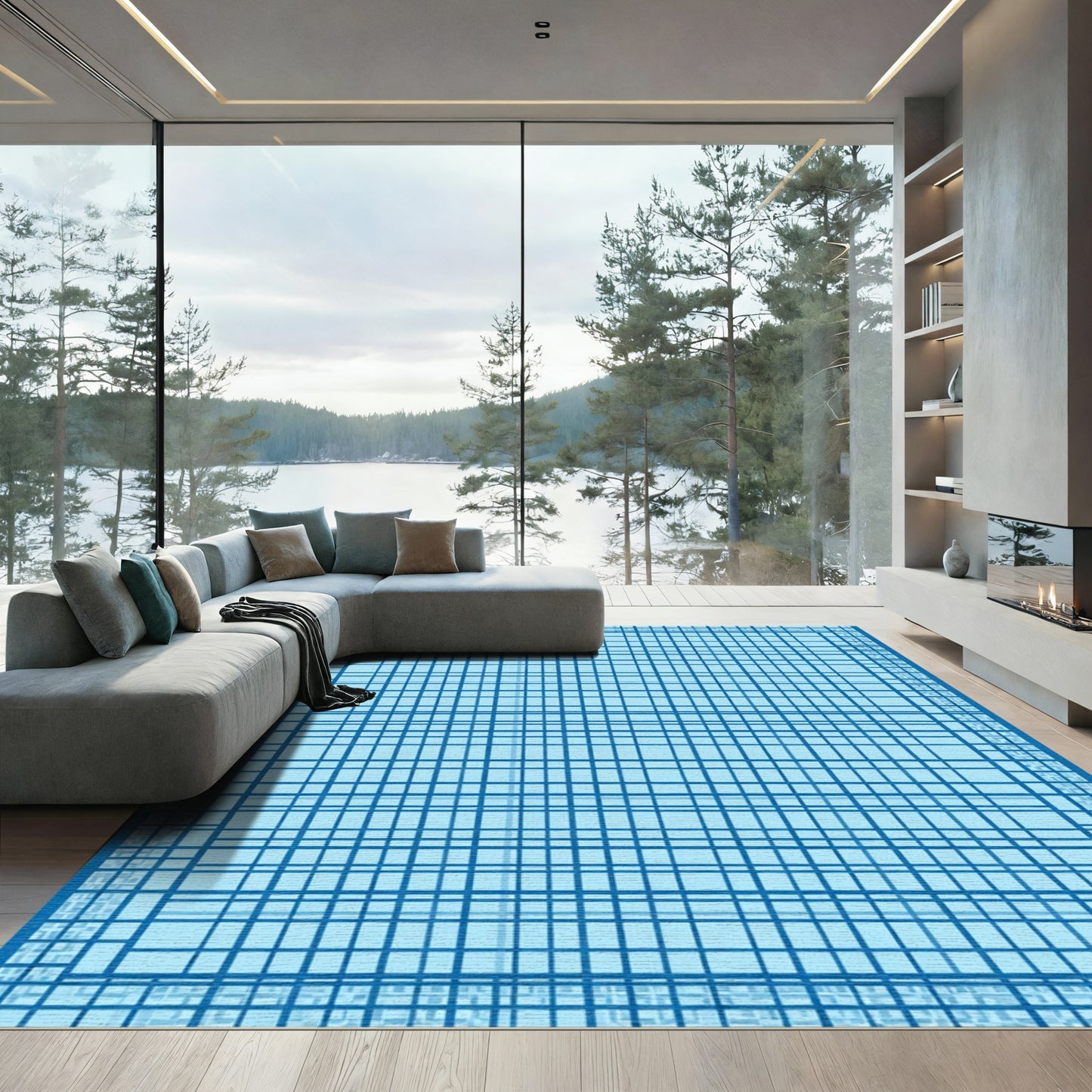 Ocean Blue Grid Lines Rug