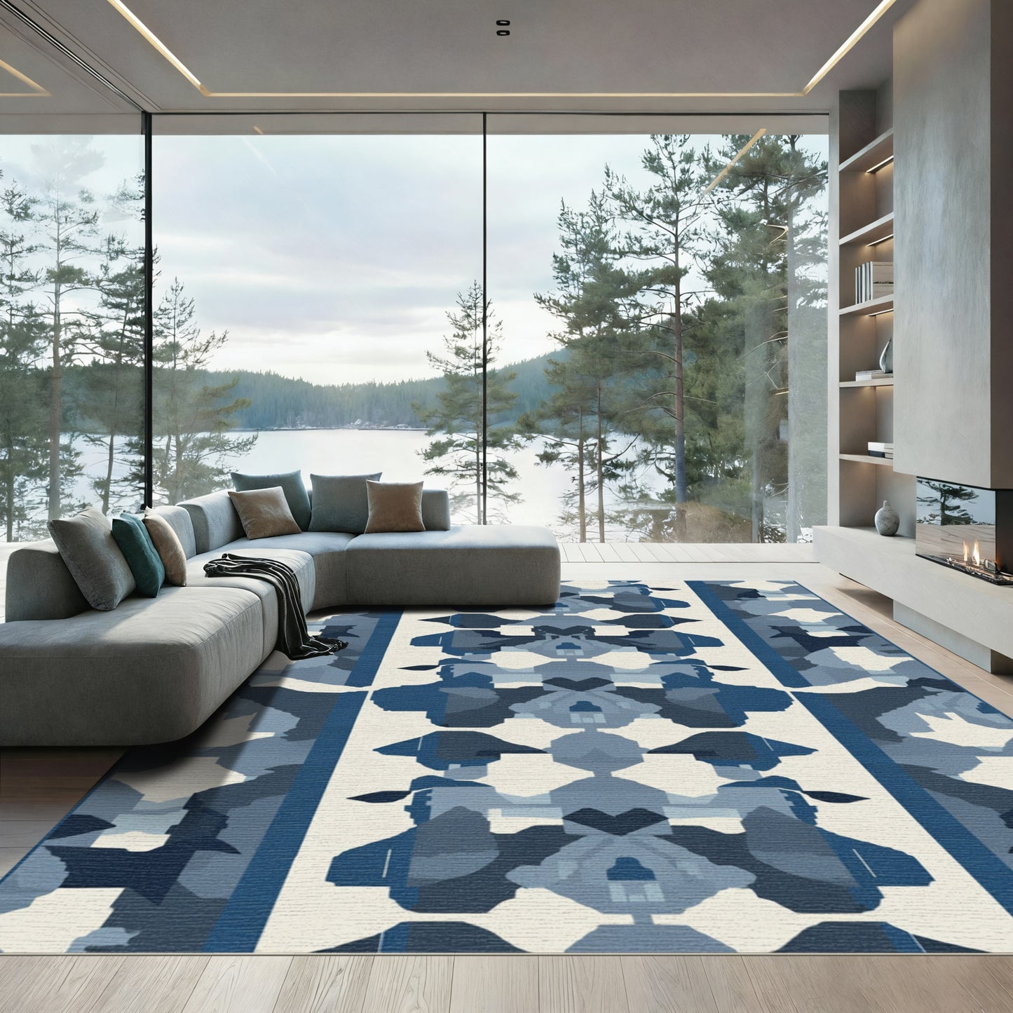 Deep Blue Abstract Geometric Medallion Rug