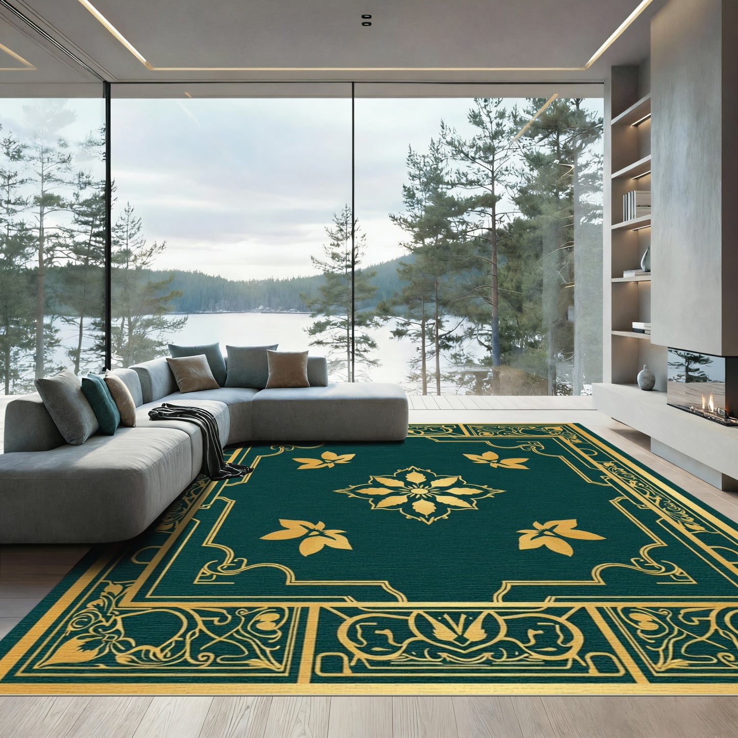 Golden Vine Floral Accents Teal Rug