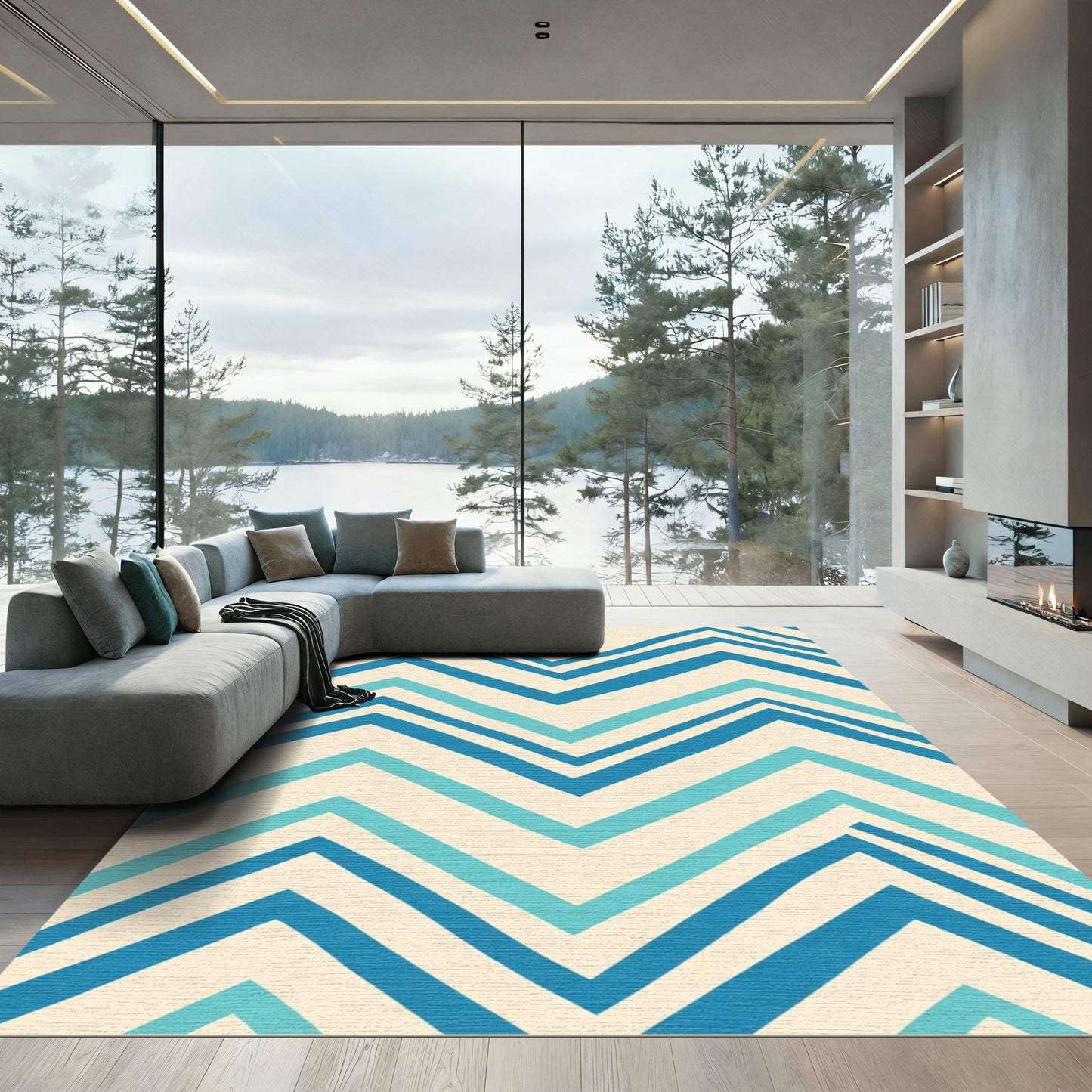 Ocean Blue Teal Chevron Lines Rug