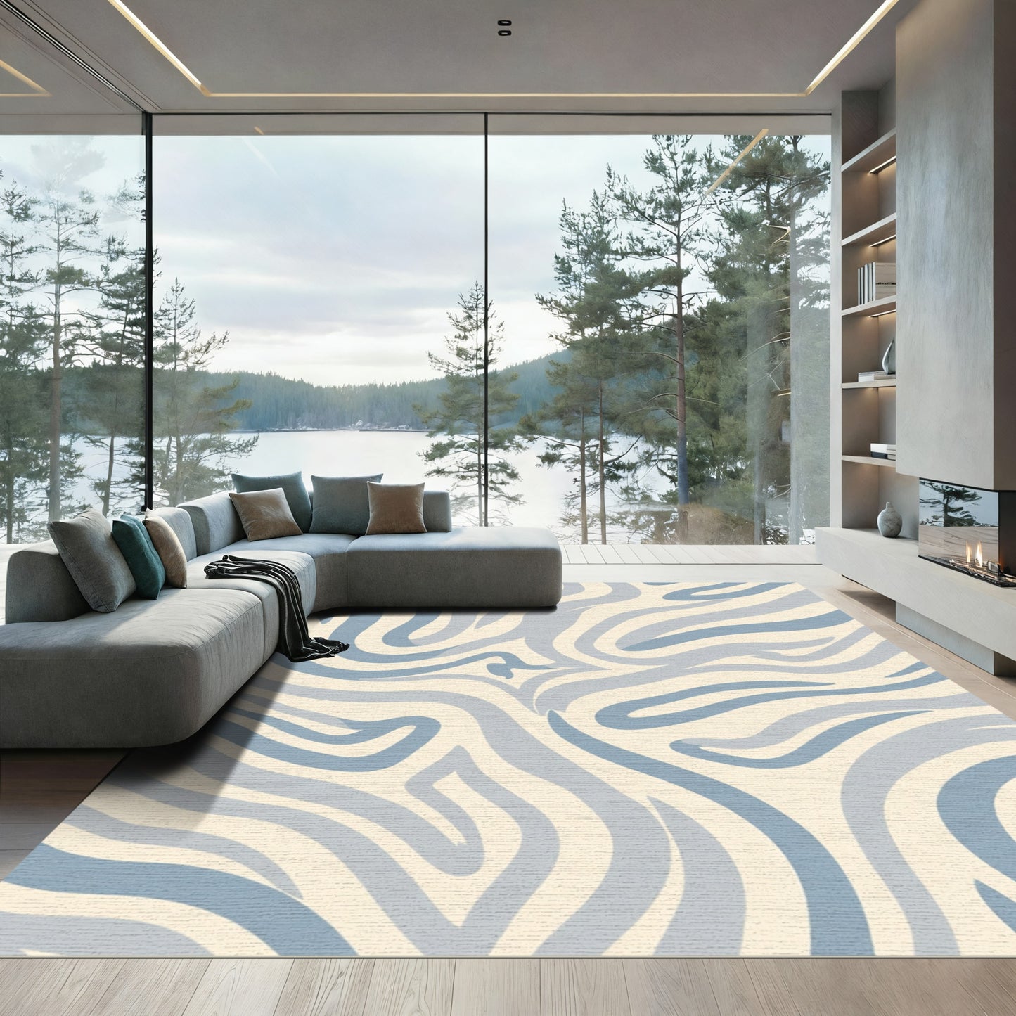 Pale Blue Abstract Swirl Stripes Rug