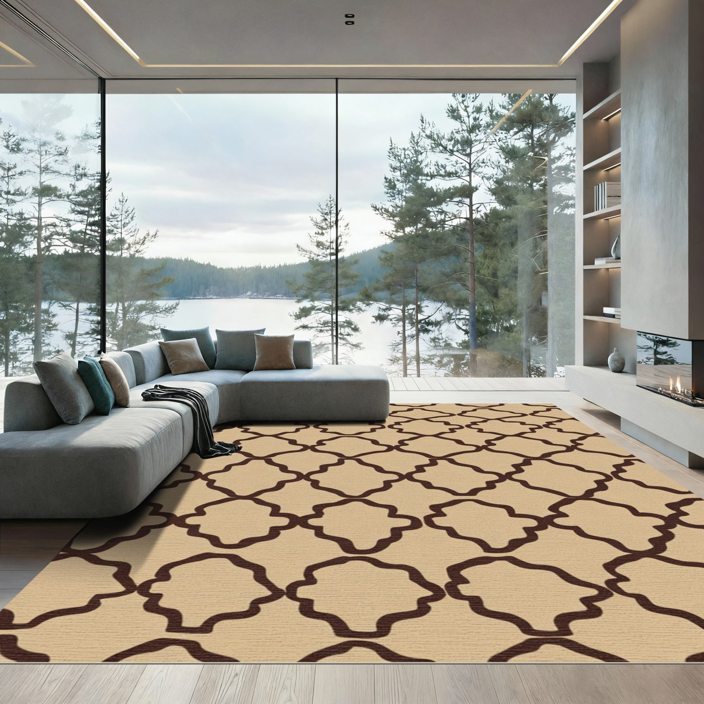 Tan Brown Lattice Quatrefoil Rug