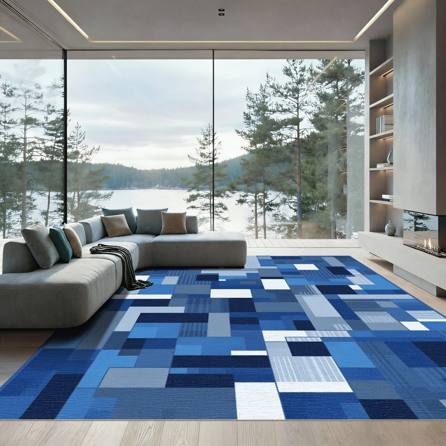 Deep Blue Geometric Block Collage Rug