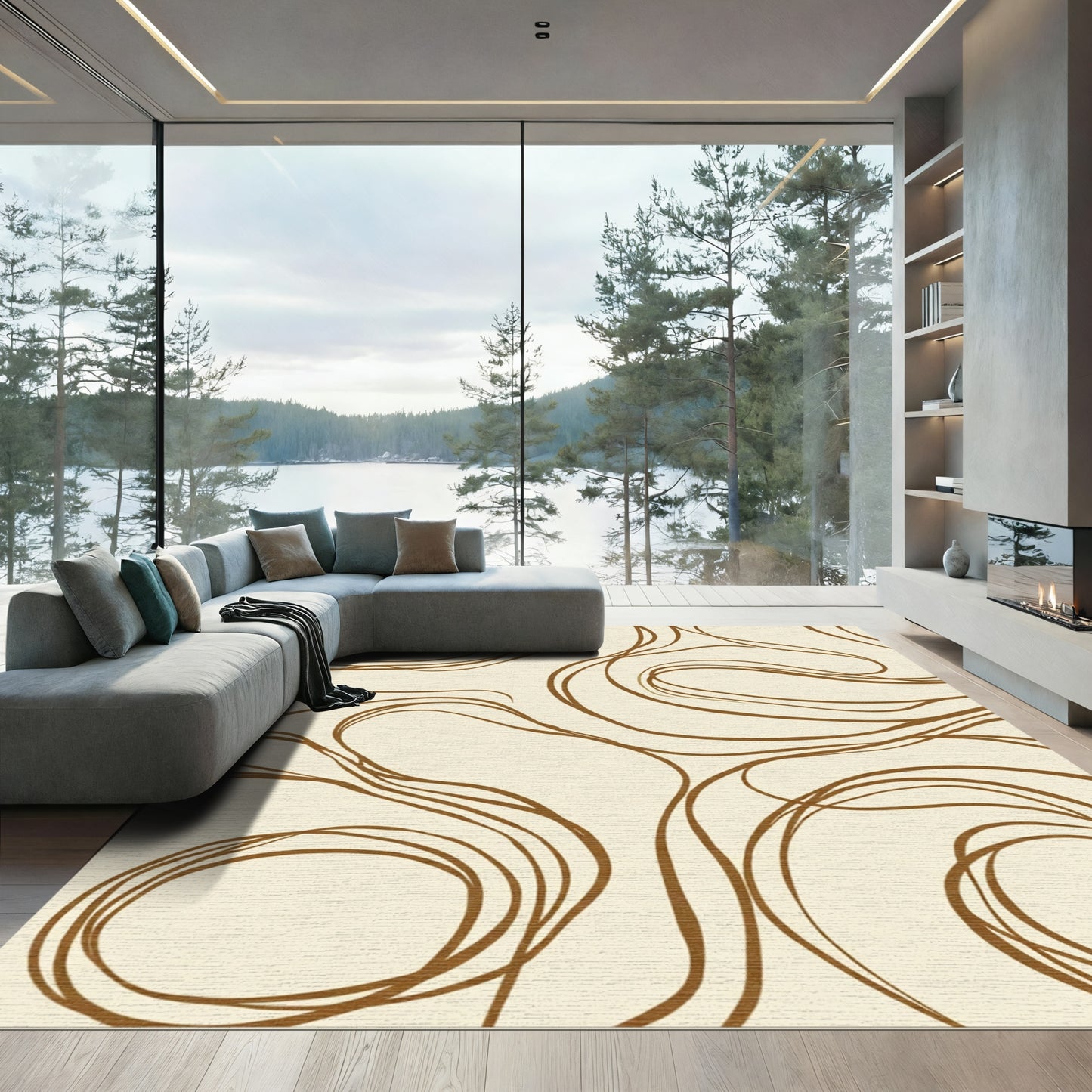 Abstract Brown Swirl Line Art Rug