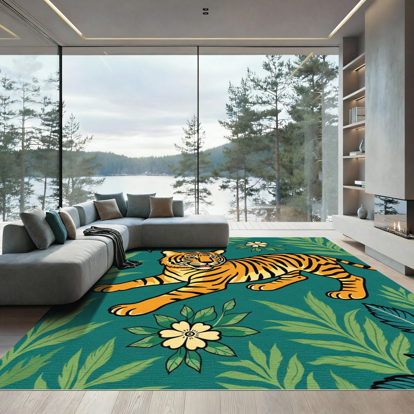 Bold Tiger Floral Teal Wildlife Rug