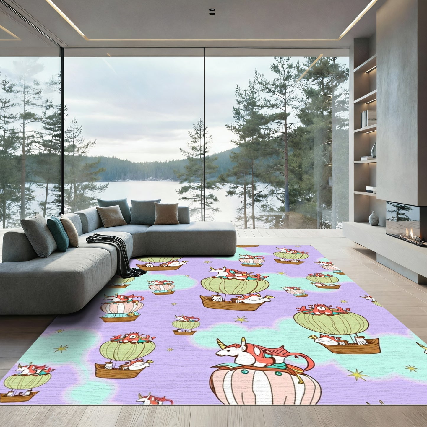 Whimsical Unicorn Hot Air Balloon Adventure Rug