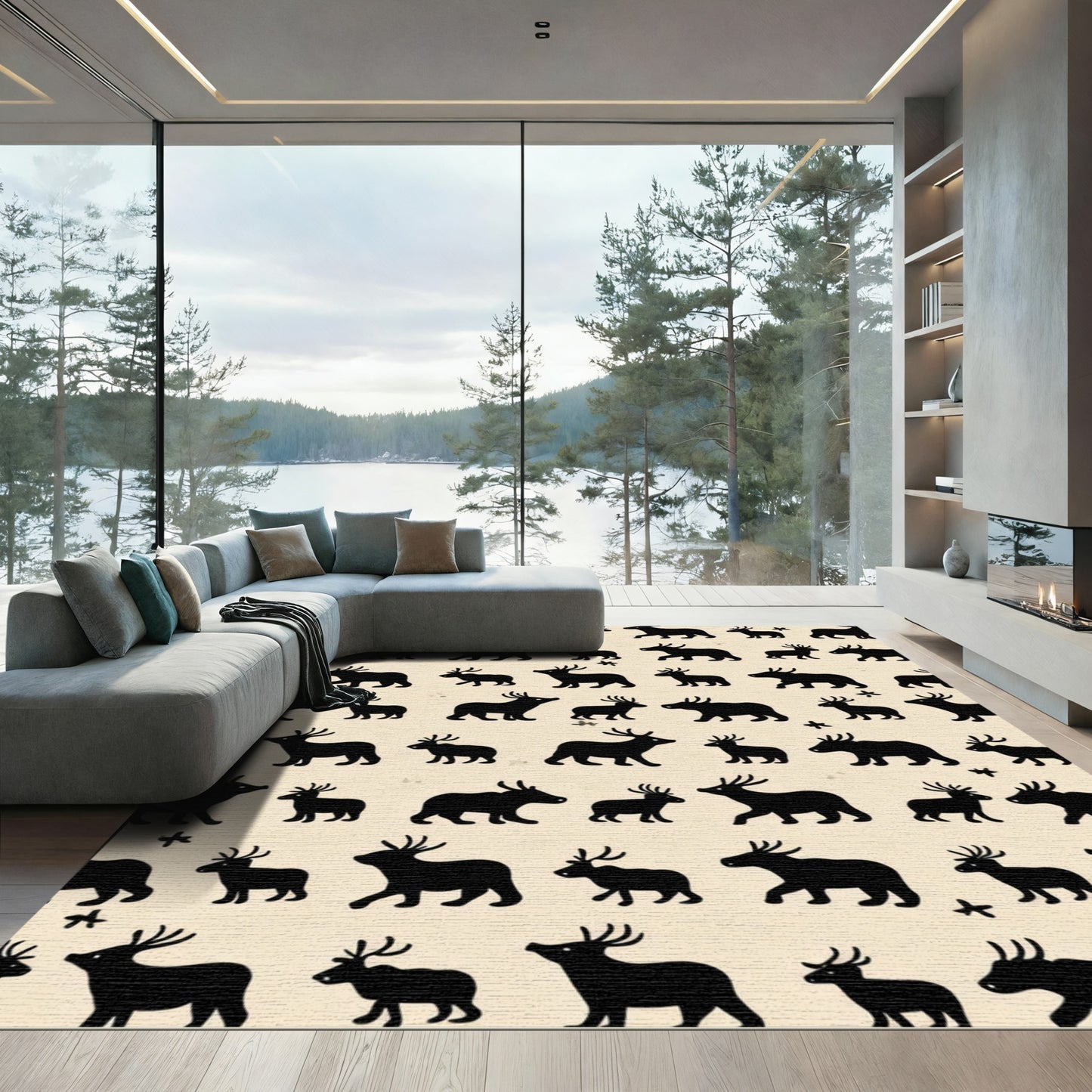 Black Herd Stags and Fawns Rug