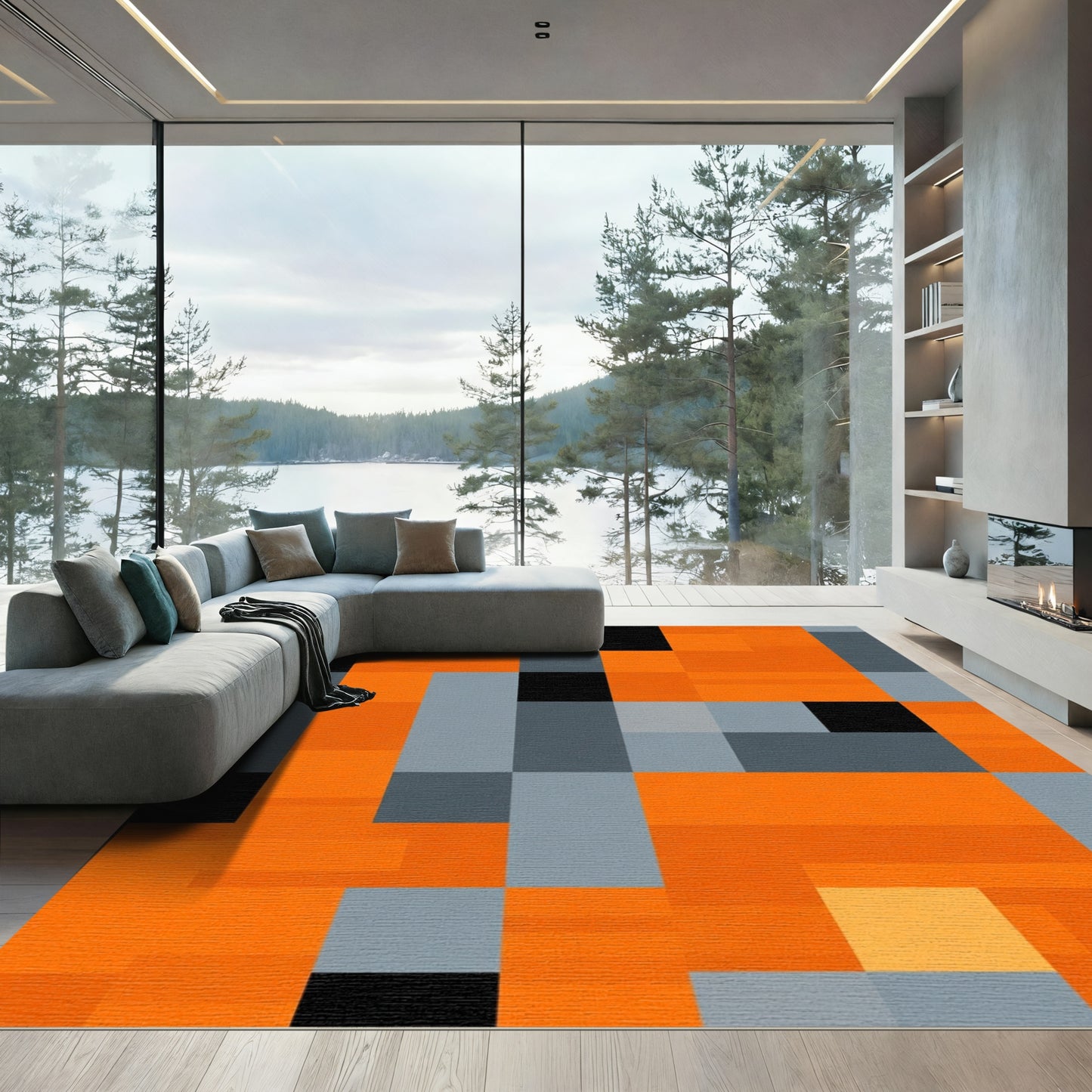 Orange Gray Black Geometric Blocks Rug