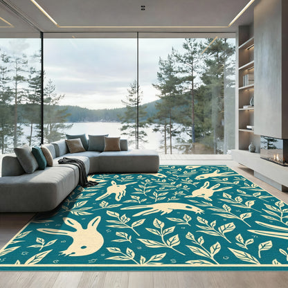Cream Rabbits Teal Foliage Rug