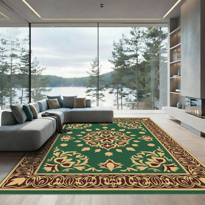 Deep Green Floral Medallion Border Rug
