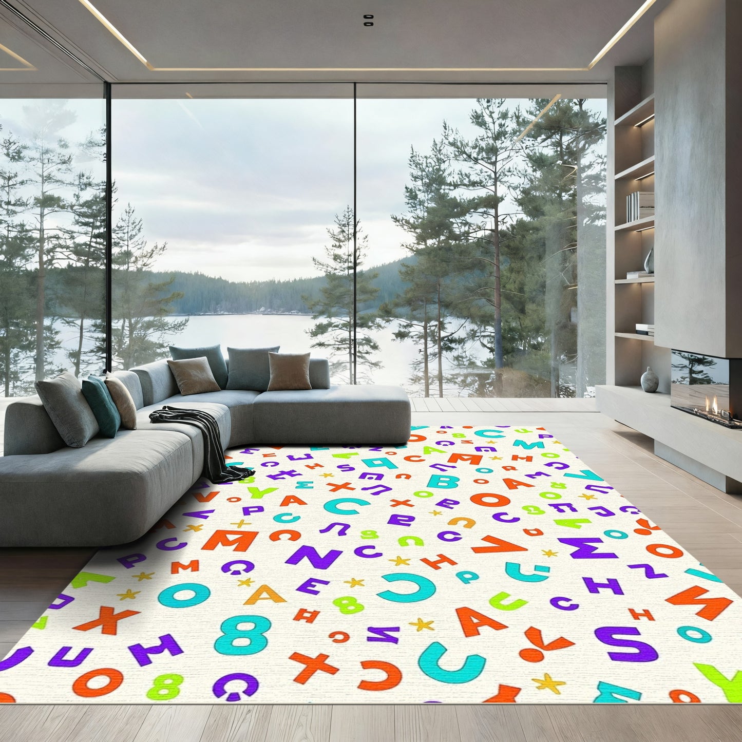 Multicolor Alphabet Numeric Shapes Collage Rug