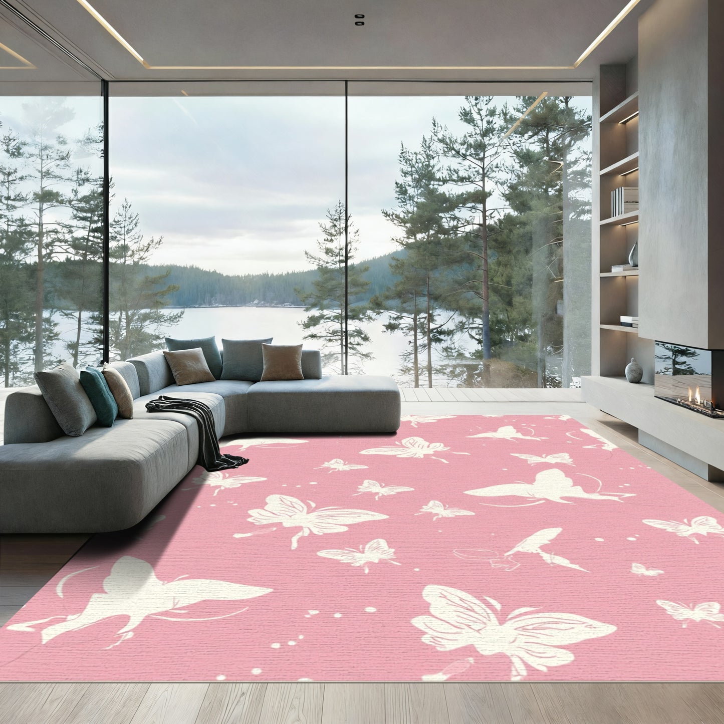 Cream Butterflies on Pink Background Rug