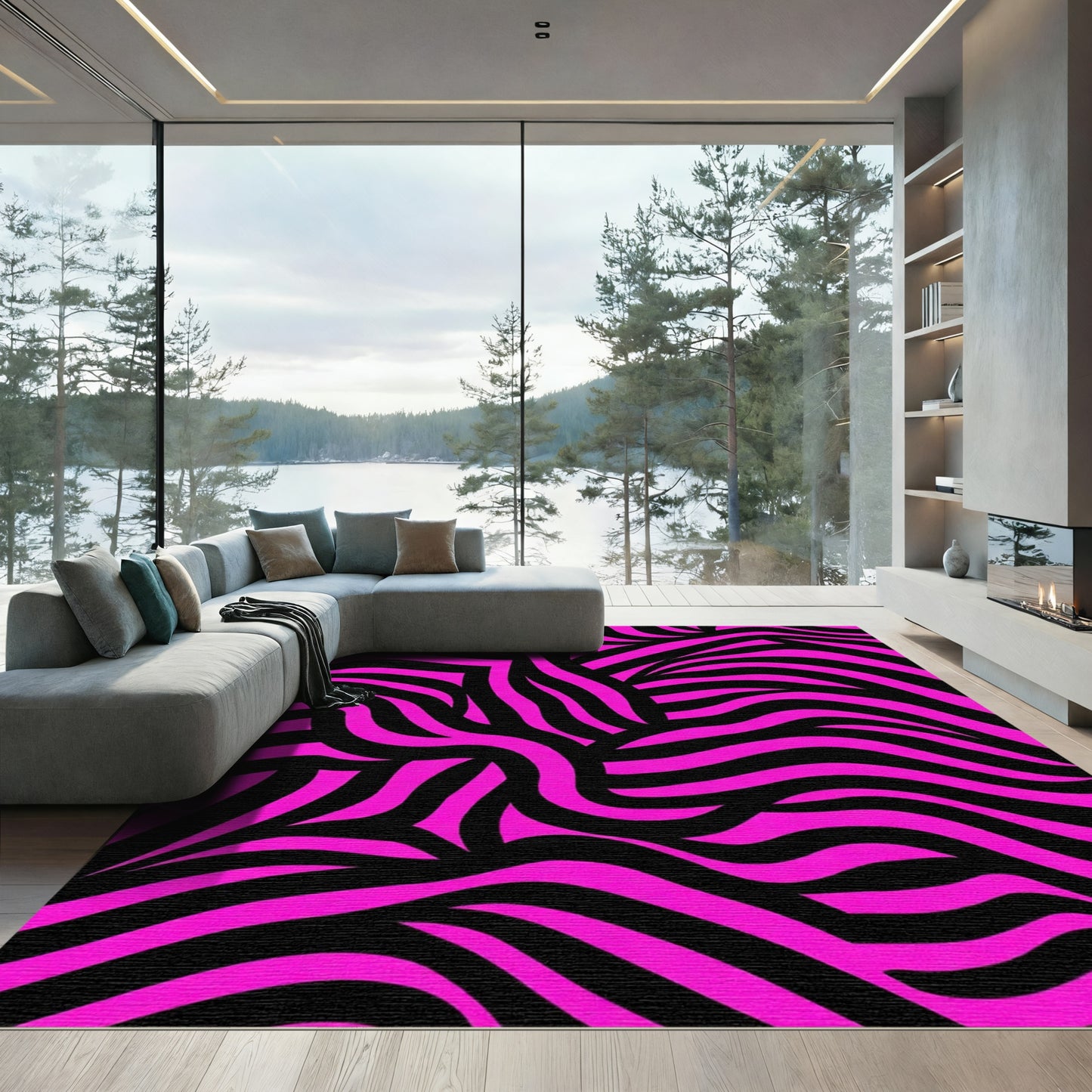 Bold Pink Black Wavy Stripes Rug