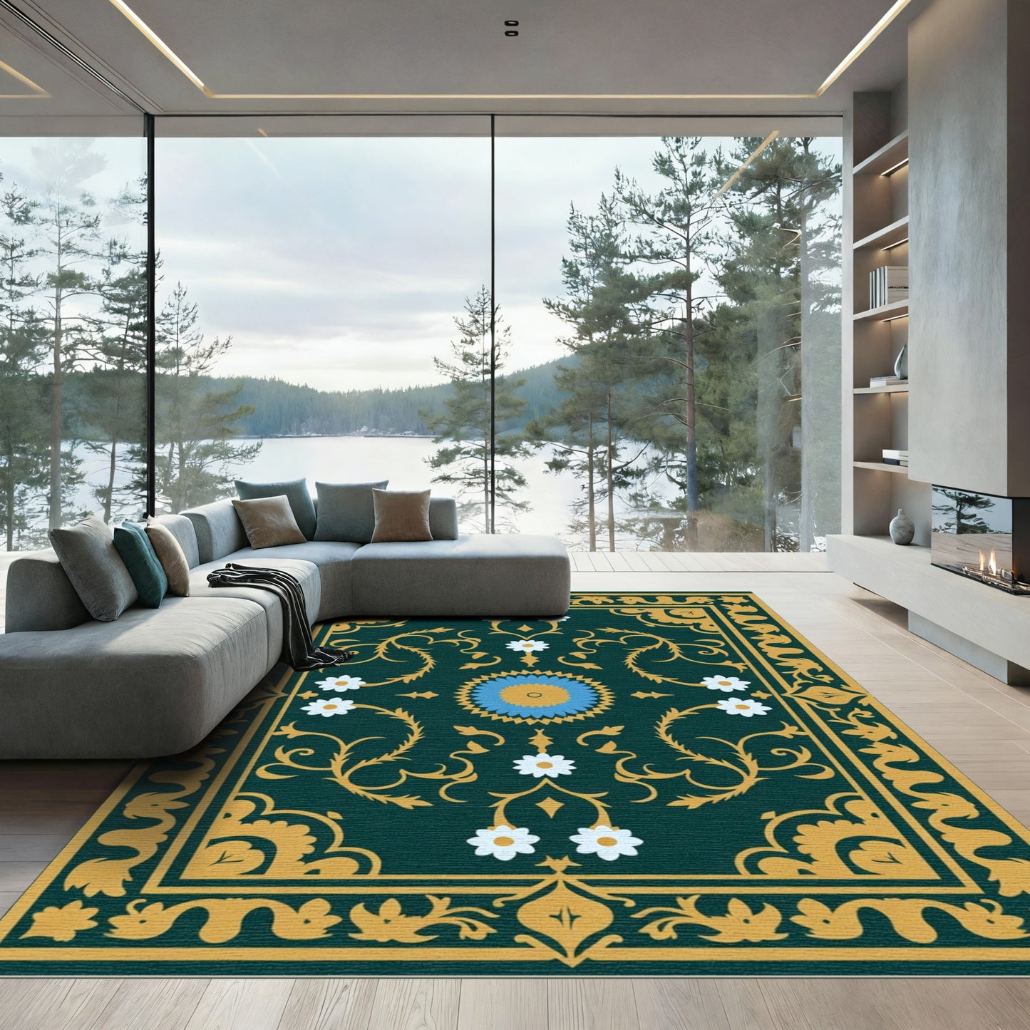 Deep Green Golden Floral Medallion Rug