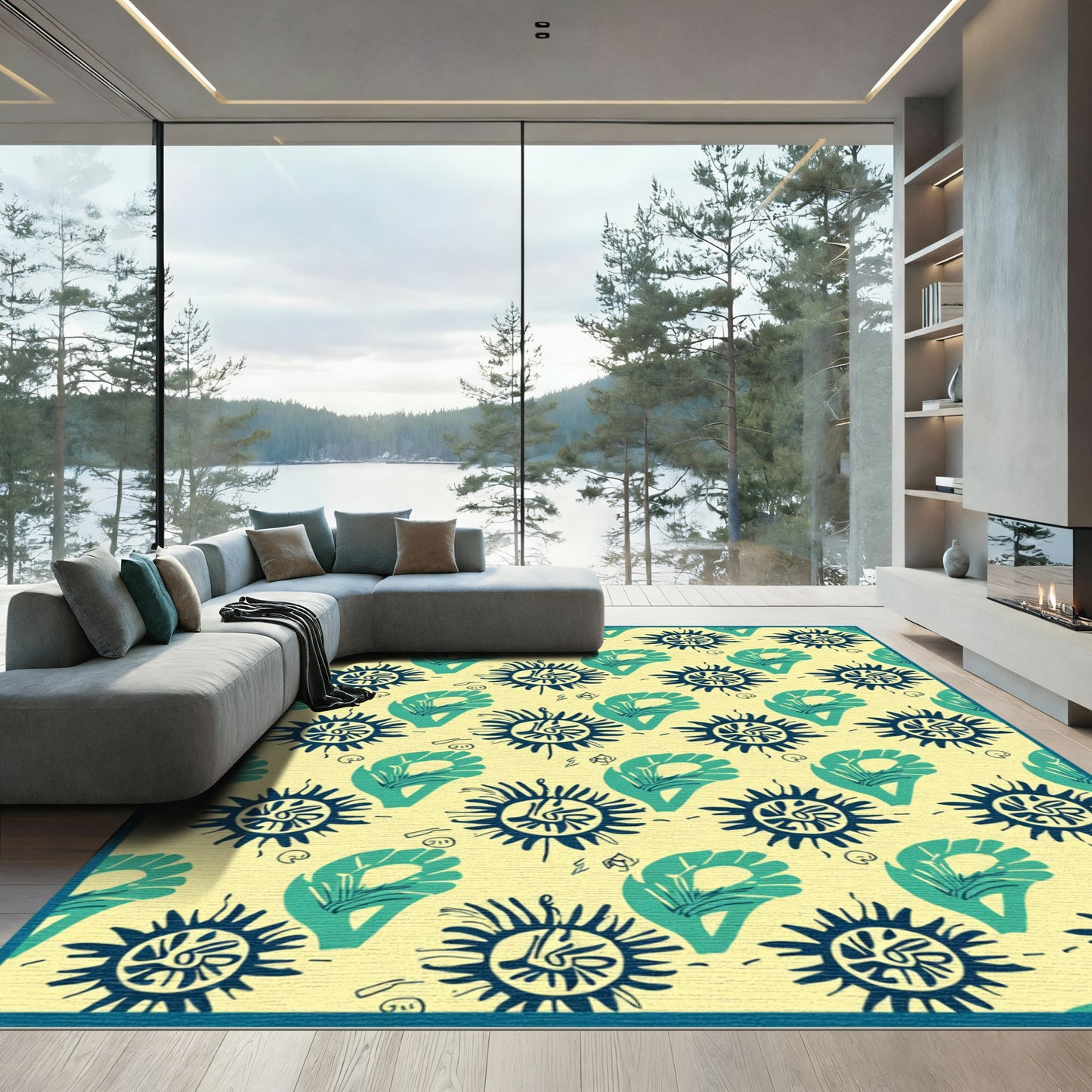Navy Cyan Sunburst Leaf Scatter Rug
