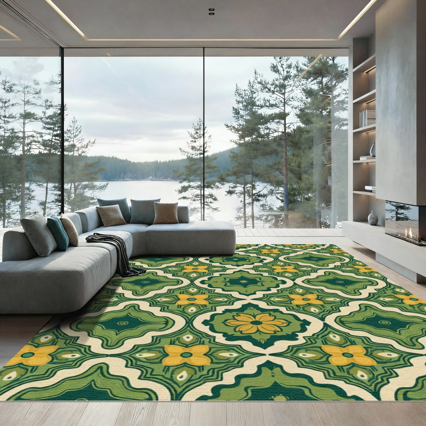 Retro Green Yellow Floral Quatrefoil Rug