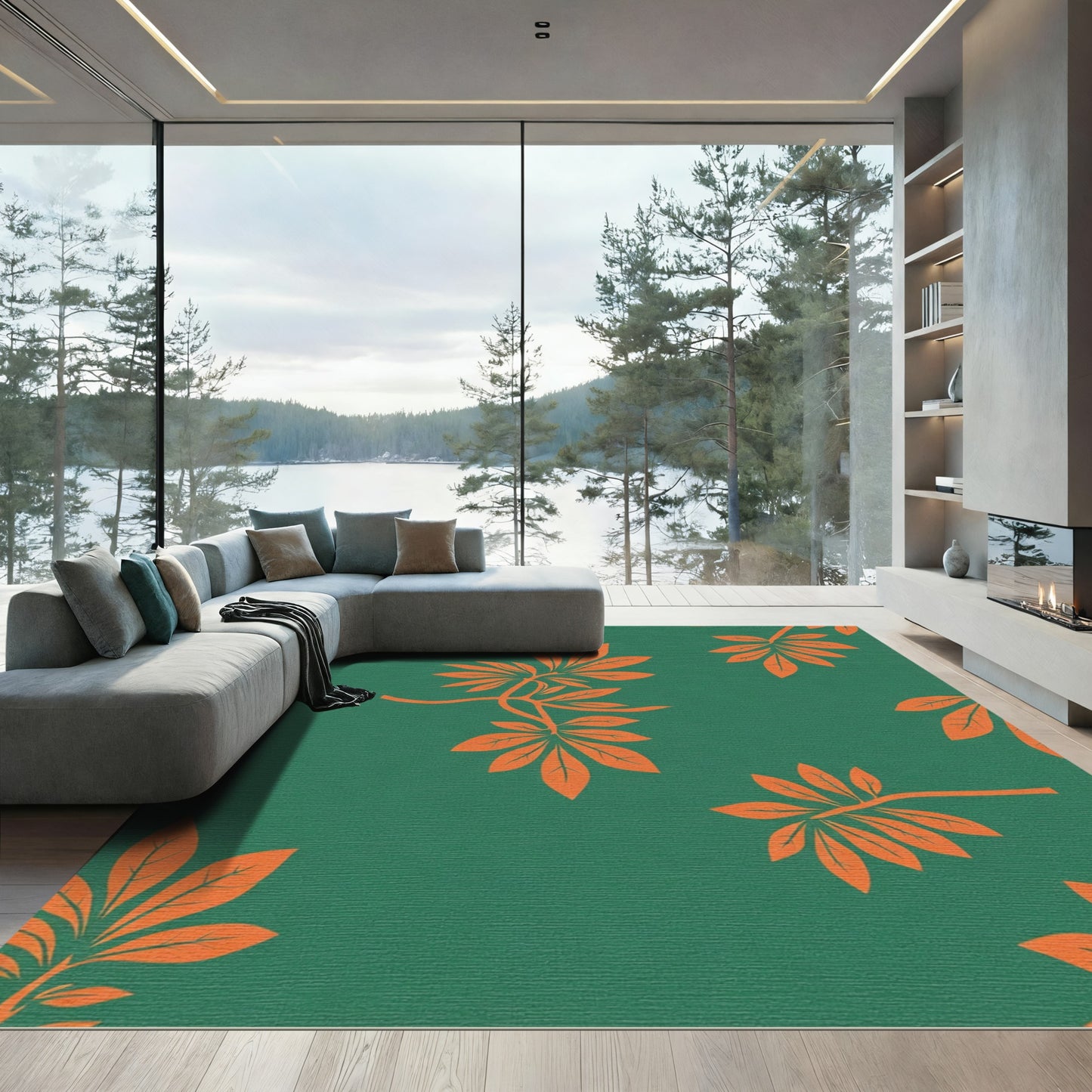 Vibrant Orange Leafy Branches on Green Rug