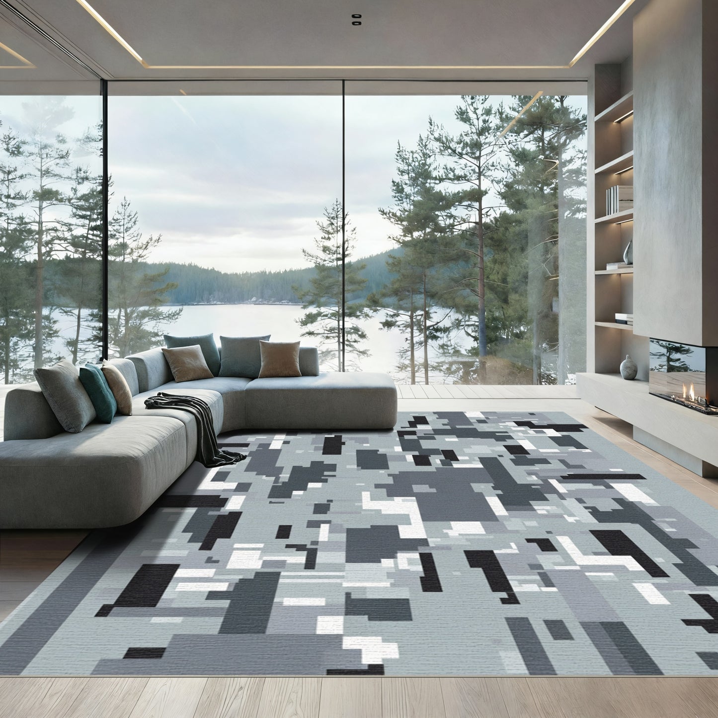 Monochromatic Rectangular Abstract Collage Rug