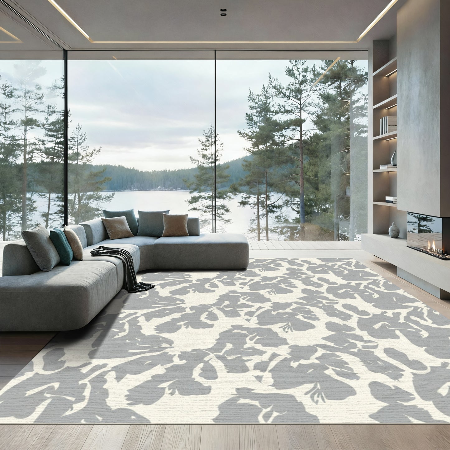 Creamy Gray Brushstroke Floral Arrangement Rug