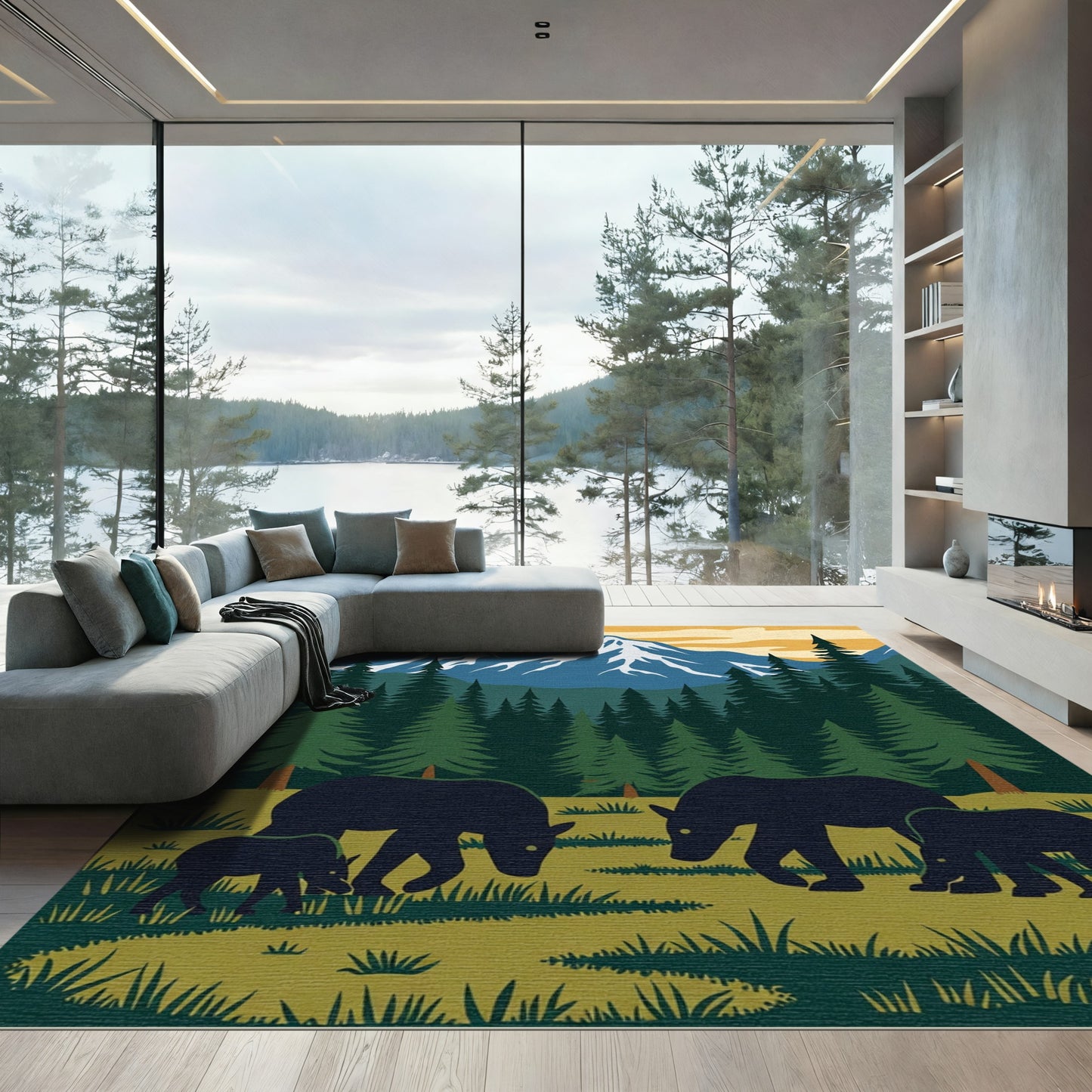 Mountain Bears Forest Landscape Rug