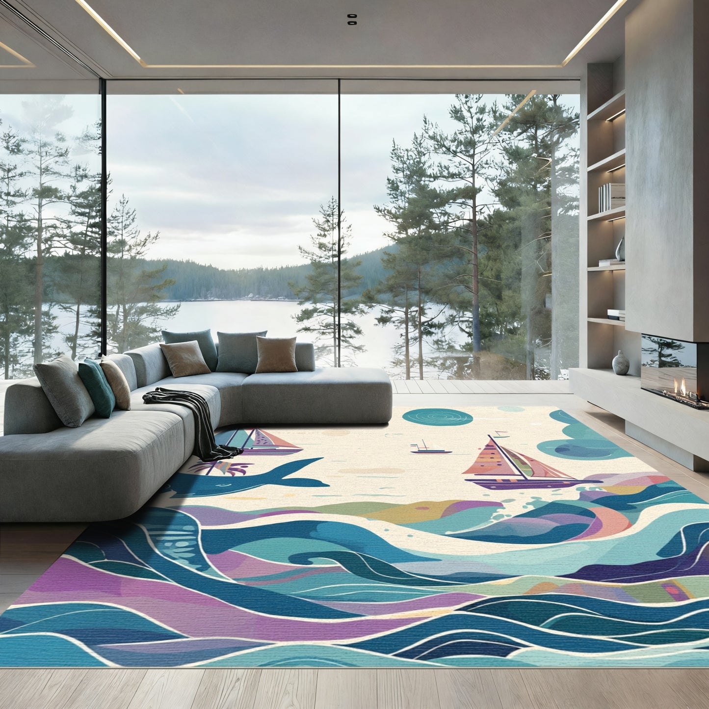 Coastal Sailboat Ocean Wave Nautical Rug
