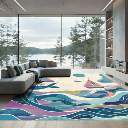 Coastal Sailboat Ocean Wave Nautical Rug