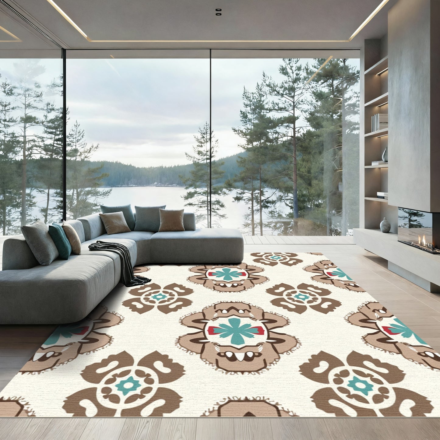 Brown Teal Red Floral Medallion Rug