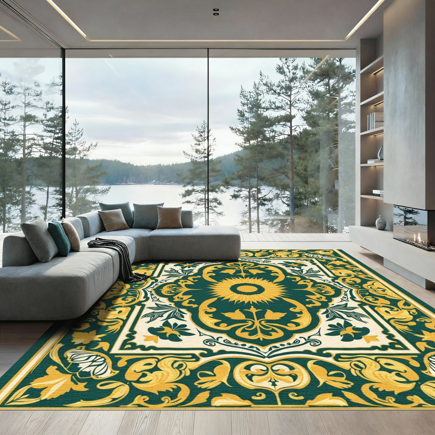 Emerald Gold Sunburst Floral Medallion Rug