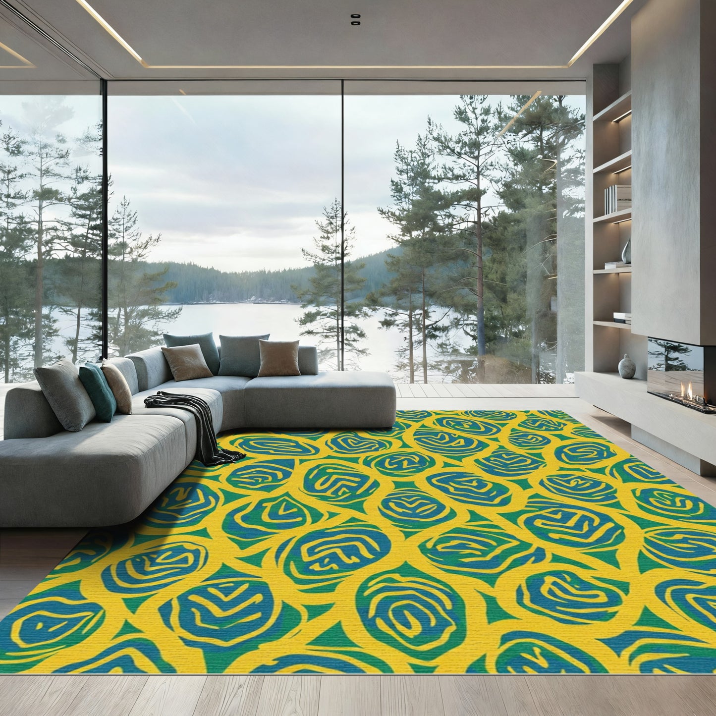 Bold Teal Swirls Yellow Background Rug