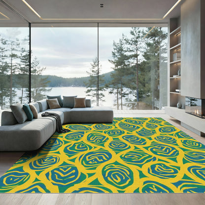 Bold Teal Swirls Yellow Background Rug