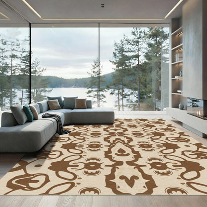Brown and Cream Symmetrical Curlicue Rug