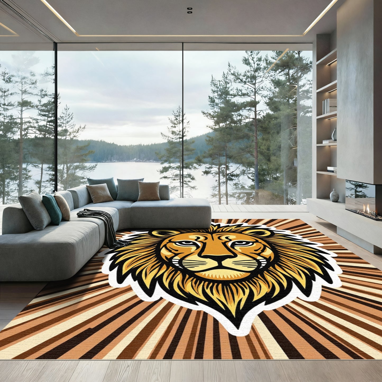 Bold Lion Face Sunburst Rug