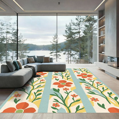 Retro Orange Floral Vine Stripes Rug