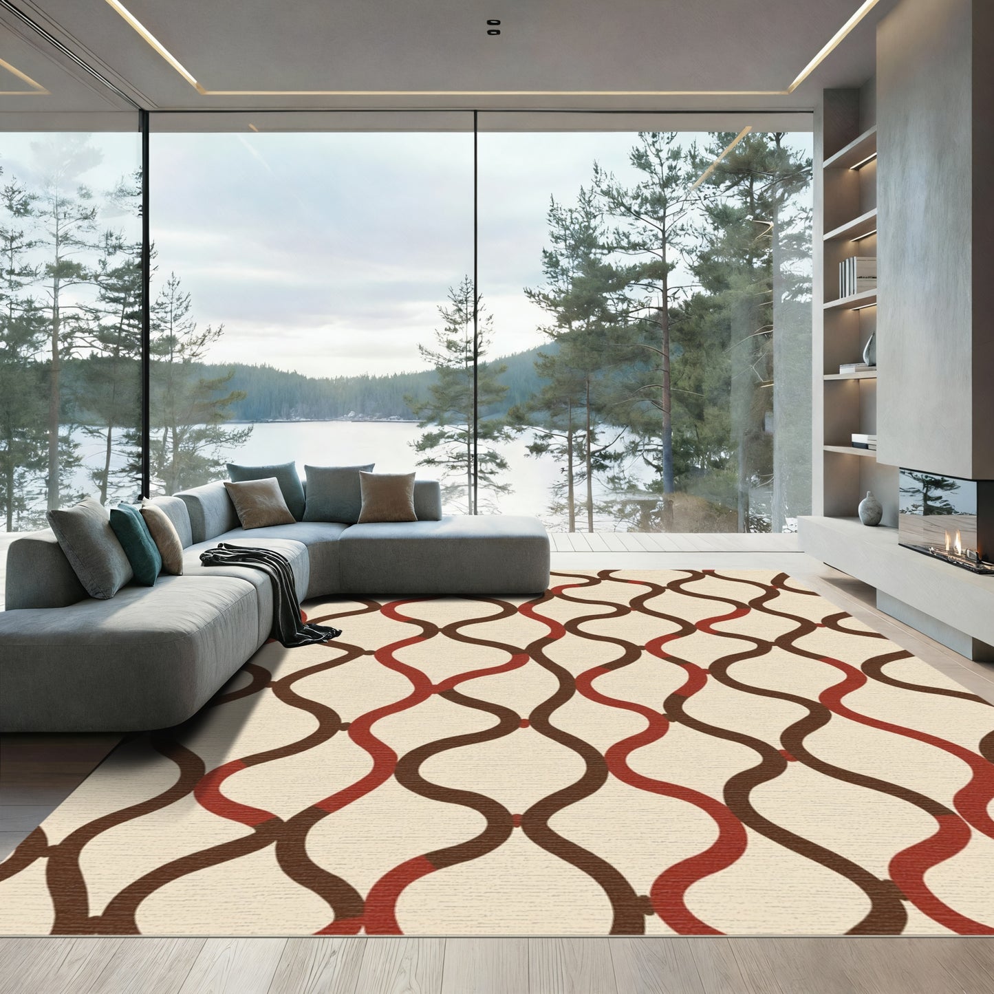 Red Brown Interlocking Wave Rug